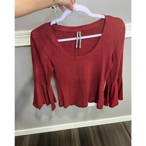 Anthropologie Red Smocked Bell Sleeve Top